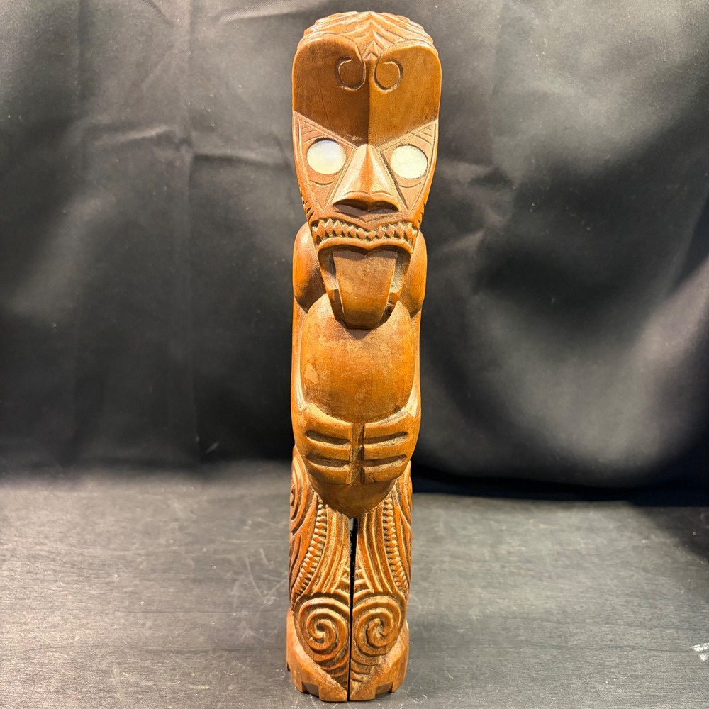 Vintage Hand Carved Wooden Tiki Statue Abalone Shell Eyes Polynesian Folk Art
